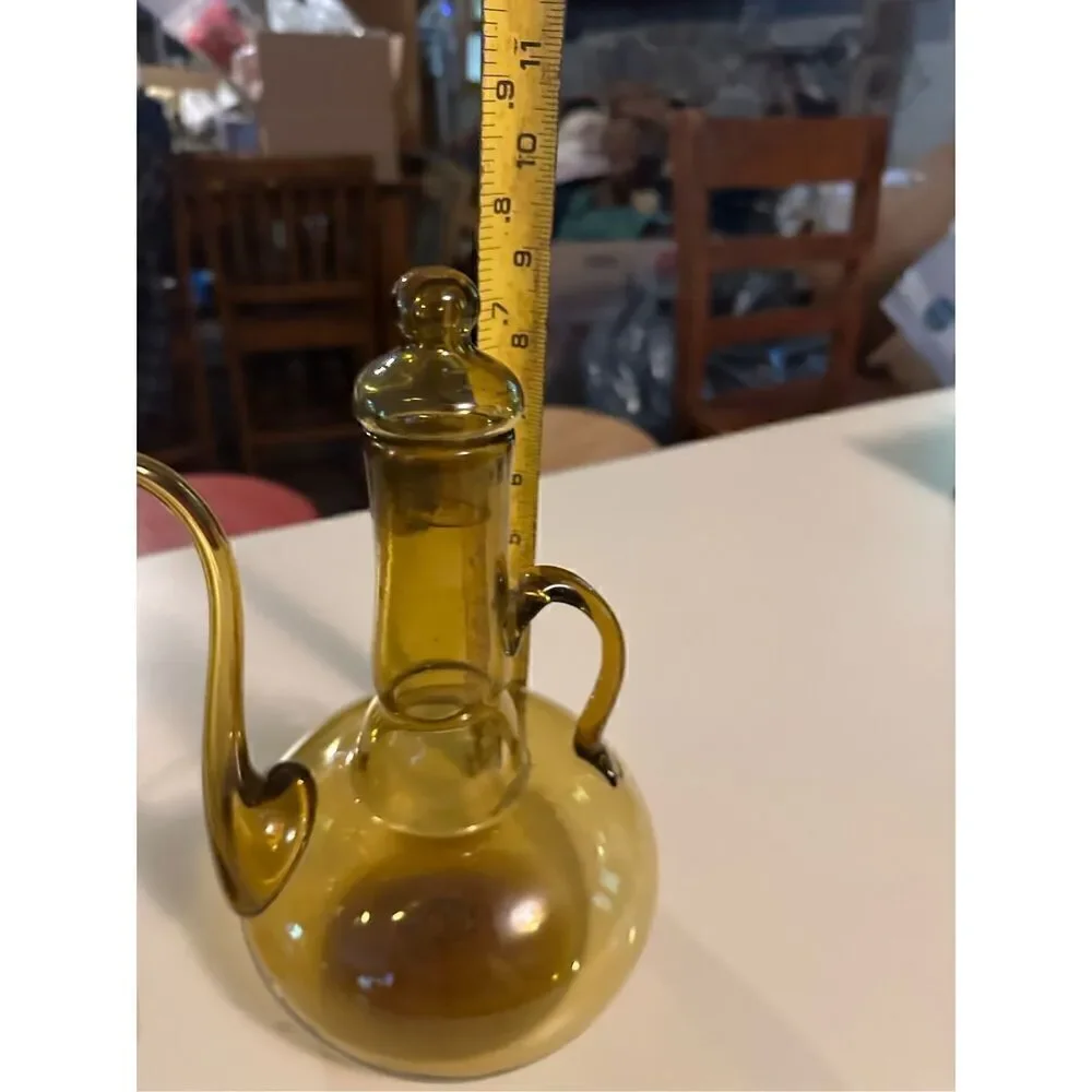 Vintage Cruet Side Spout Amber Glass Decanter  Pitcher Handblown & 2 Glasses MCM